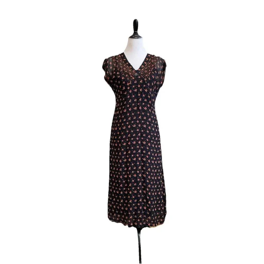 VTG 90s Y2k April Cornell S Rayon Floral Prairie Babydoll Slip Dress Sheer Beads - Picture 2 of 16